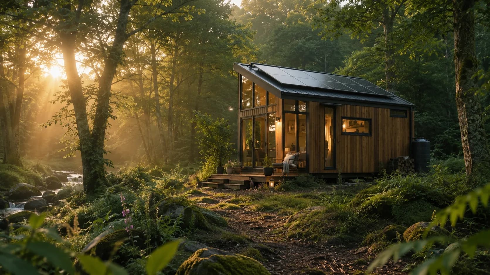 A small timber cabin among tall conifers, lit from inside at dusk.