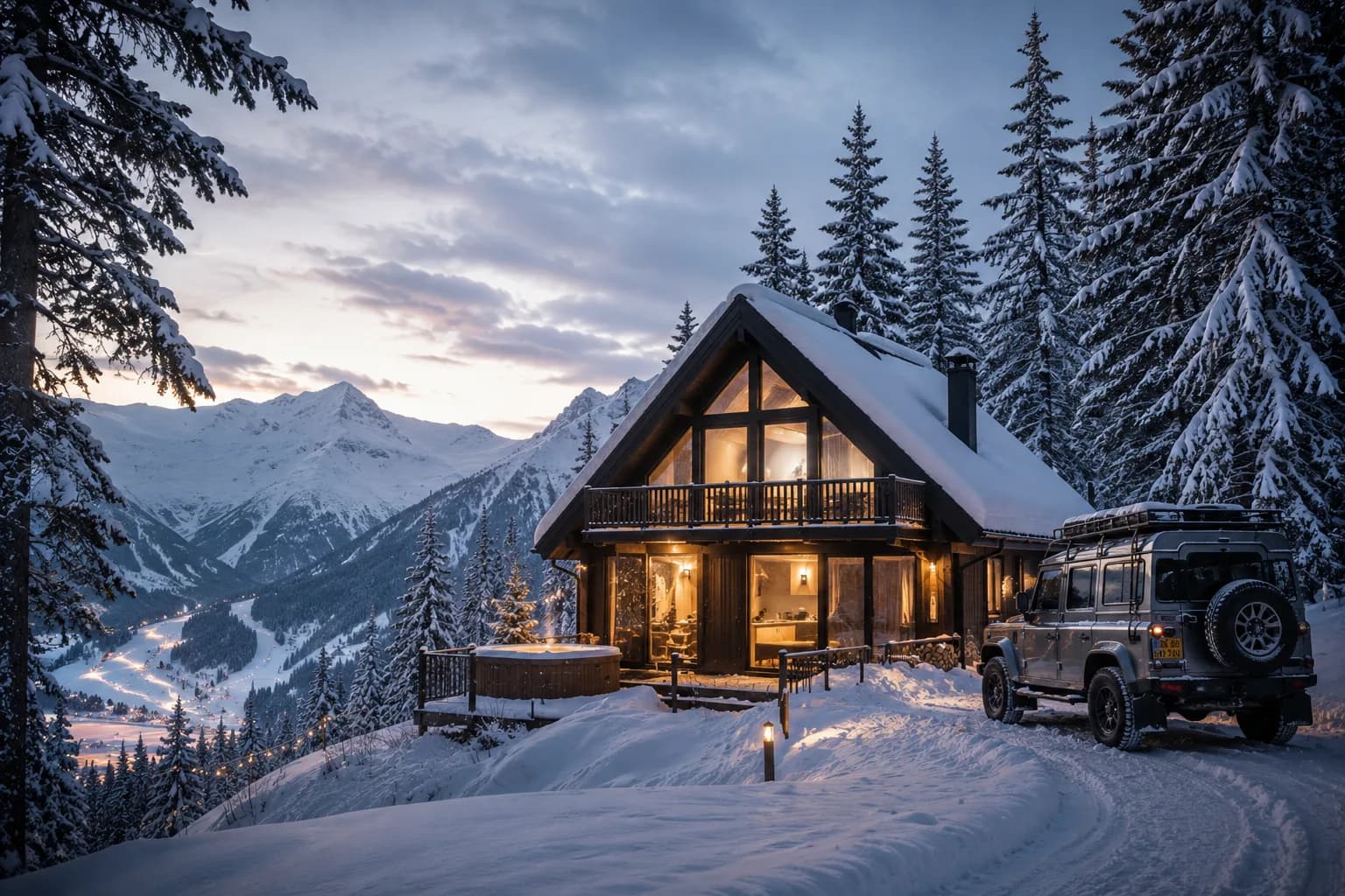 A snow-covered alpine chalet at dusk, windows glowing against deep snow.