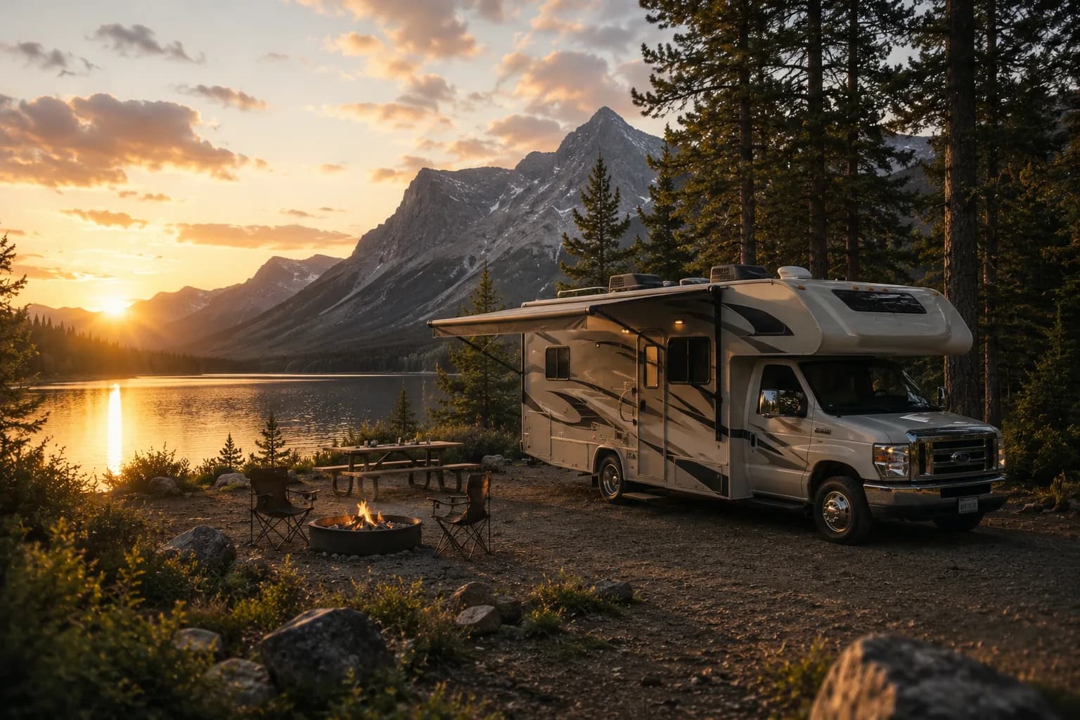 A camper van parked at the edge of a still lake at sunset.