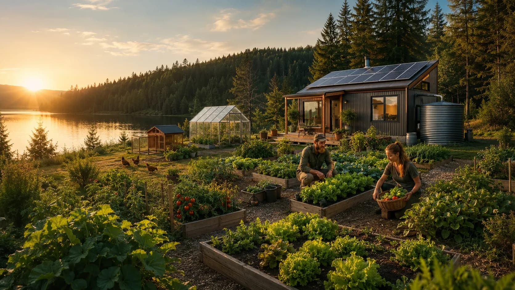 Sunset over a lake, a couple tending raised vegetable beds beside a cabin with roof solar, a rainwater tank, a greenhouse and a chicken coop.