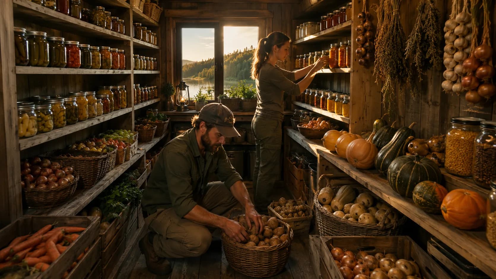 A root cellar lined with shelves of home-canned jars, hanging onions and dried herbs, crates of carrots, potatoes and squash, a couple putting the harvest away.