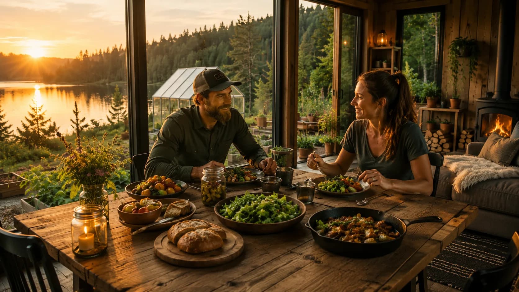A couple eating a home-grown meal at a wooden table, wood stove burning, low sun over the lake through open glass doors.