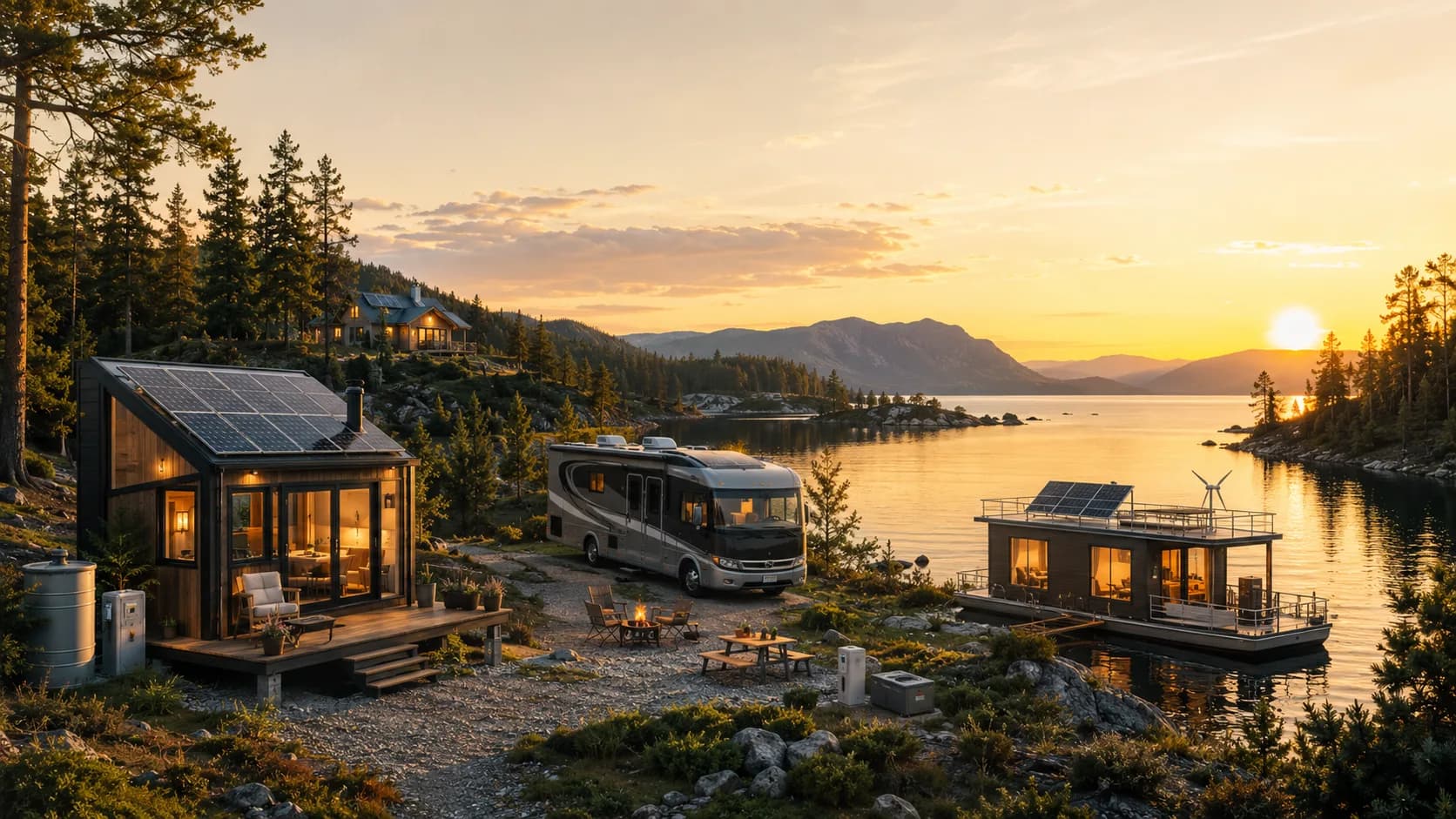 A lake at sunset with all four paths in one frame: a tiny house with roof solar, a parked RV, a house up the hill, and a solar-panelled houseboat carrying a small wind turbine.